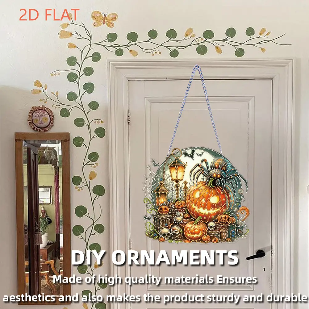 Halloween Pumpkin 2D Flat DIY Hanging Diamond Art Kits Special Shape Rhinestone Diamond Art Window Pendants Wall Door
