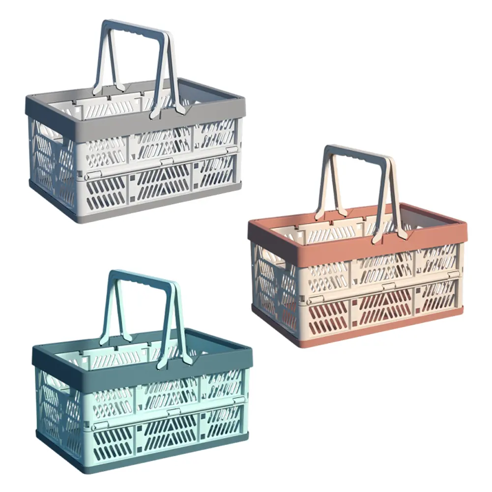 Plastic Collapsible Storage Crate Stackable Handle Crate Large Picnic Basket for Kitchen Living Room and Desktop Organization