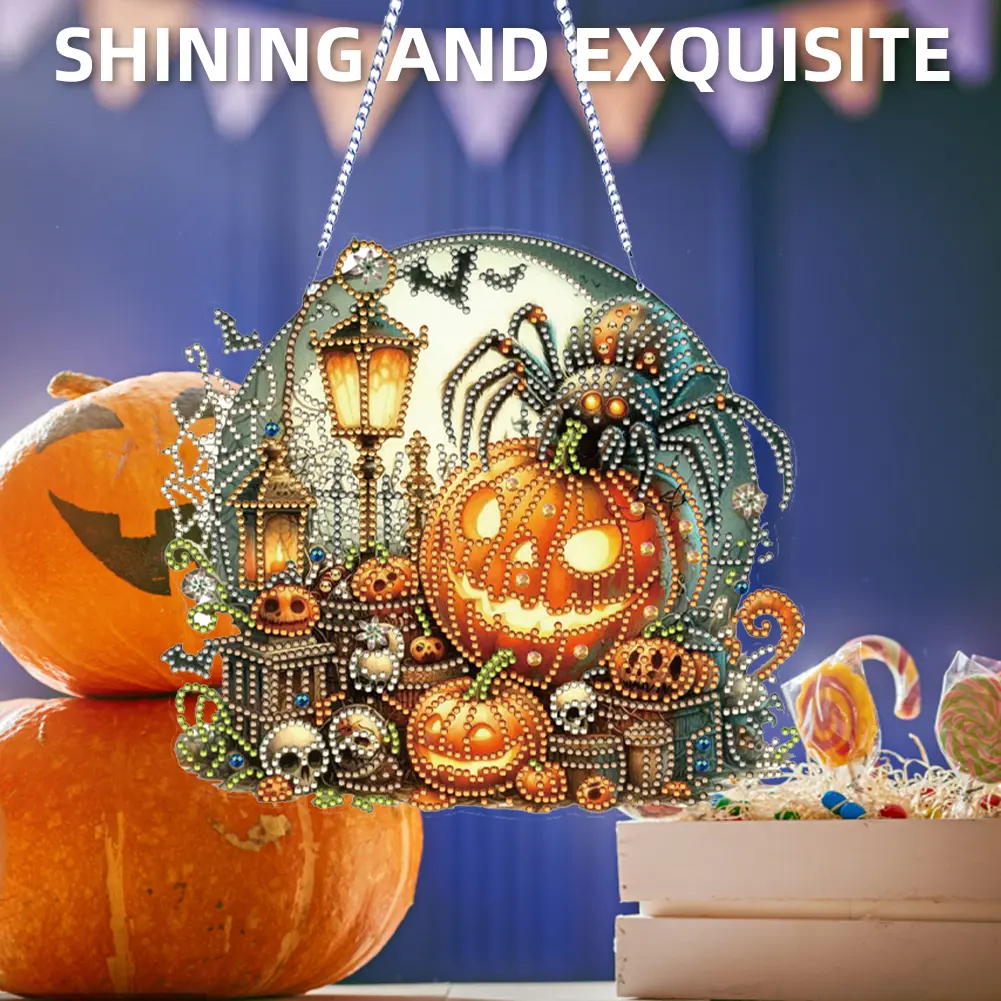 Halloween Pumpkin 2D Flat DIY Hanging Diamond Art Kits Special Shape Rhinestone Diamond Art Window Pendants Wall Door