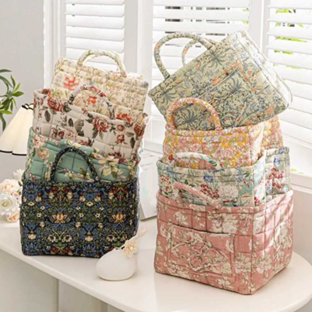 Pastoral style Fabric Storage Basket with Handle Quilted Laundry Hampers Big Capacity Portable Underwear Sorting Basket for Home