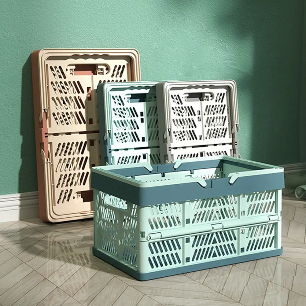 Plastic Collapsible Storage Crate Stackable Handle Crate Large Picnic Basket for Kitchen Living Room and Desktop Organization