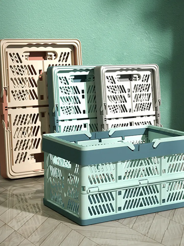 Plastic Collapsible Storage Crate Stackable Handle Crate Large Picnic Basket for Kitchen Living Room and Desktop Organization
