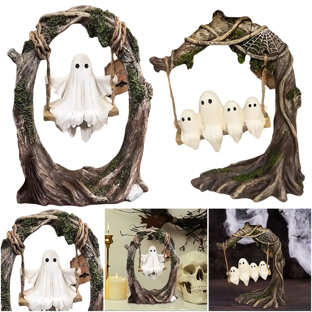 Halloween Swing Ghost Ornament Funny Tree Hanging Ornaments White Ghost Swing Decorations for Desktop Bookshelf