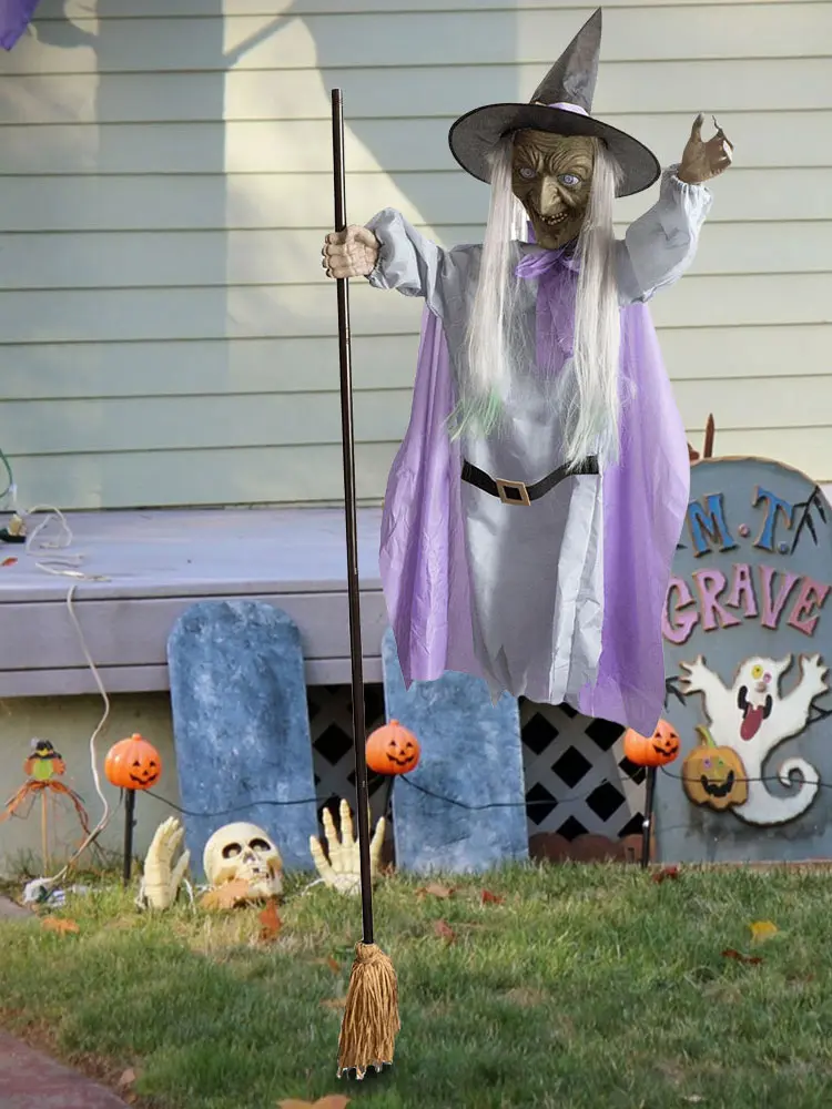 Halloween Props Animated Hovering Witch Animatronics with Terrifying Sounds & Lights Floating Witch for Garden Yard Lawn Indoor