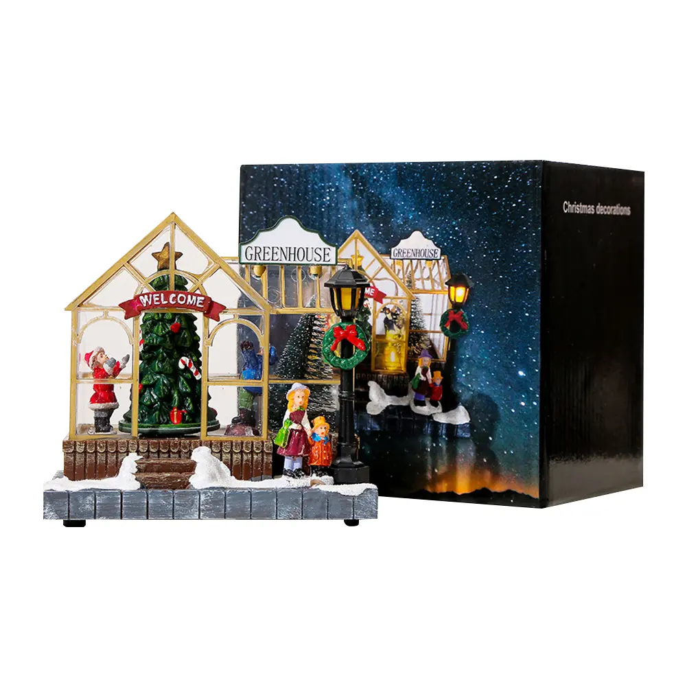 Christmas Musical Greenhouse Ornament with LED Light and Rotating Tree Figurines Holiday Table Decoration
