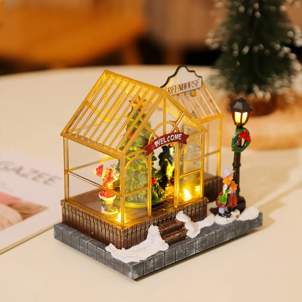 Christmas Musical Greenhouse Ornament with LED Light and Rotating Tree Figurines Holiday Table Decoration