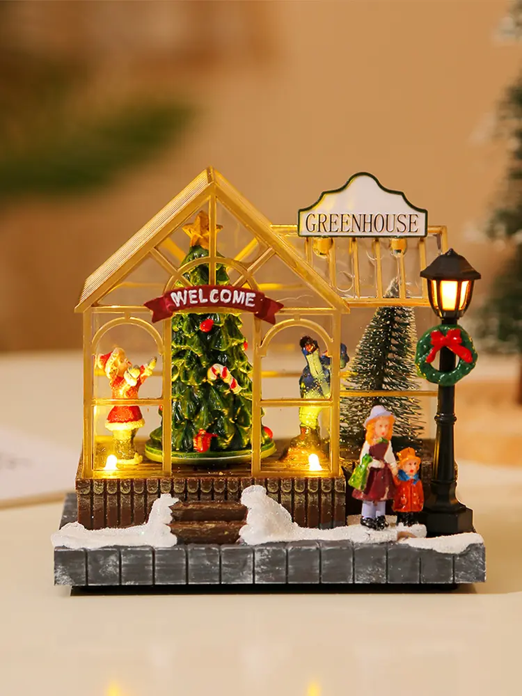 Christmas Musical Greenhouse Ornament with LED Light and Rotating Tree Figurines Holiday Table Decoration