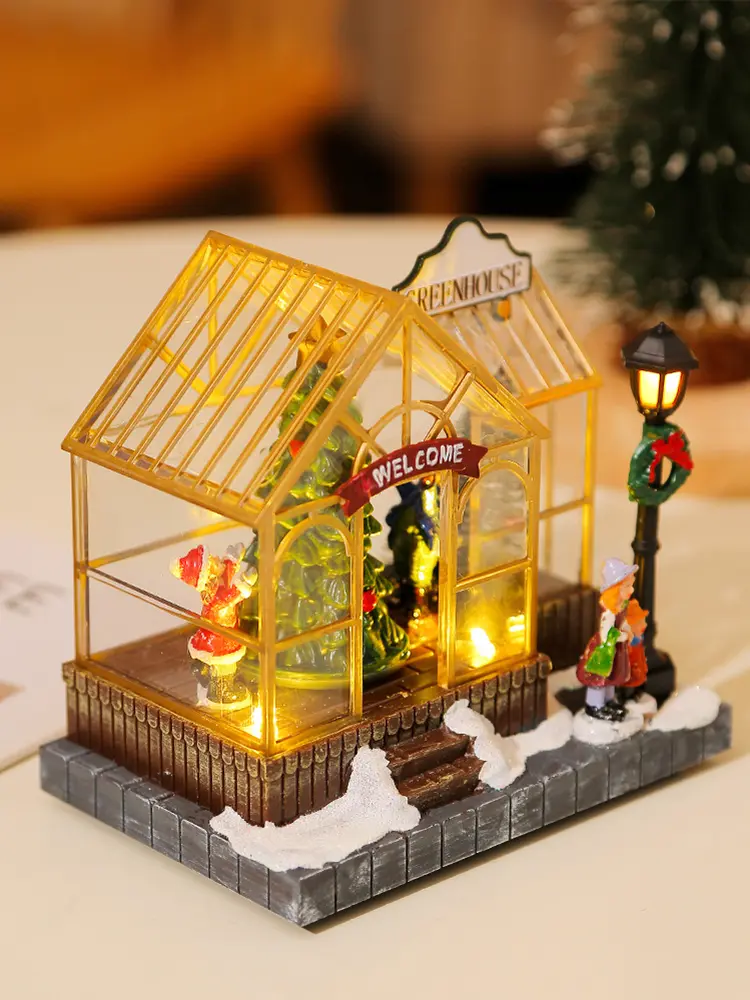 Christmas Musical Greenhouse Ornament with LED Light and Rotating Tree Figurines Holiday Table Decoration