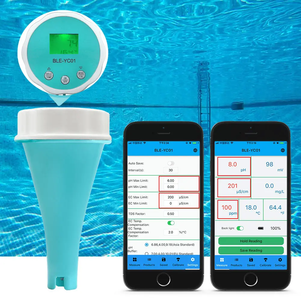 6 in1 Water Quality Detector PH EC TDS ORP CL Temperature Calibration Chlorine Water Tester APP Online Monitor for Swimming Pool