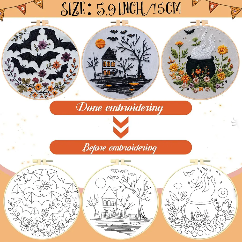 Halloween Embroidery Kit Embroidery Supplies Stamped Cross Stitch Kit for Adults Beginners Starter