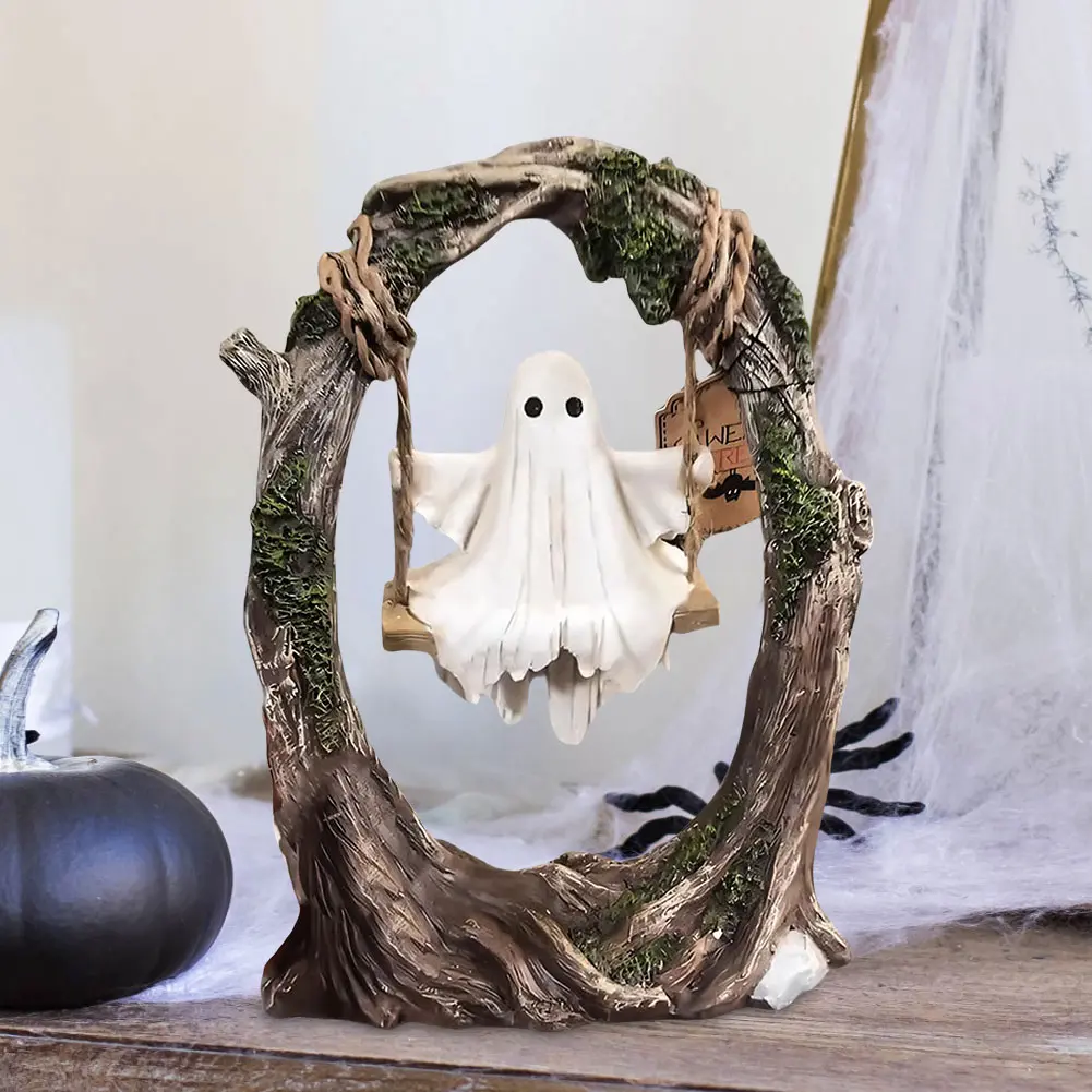 Resin Statue Sculptures White Ghost Sitting on Swing Figurine Cute Decoration for Horror Halloween Decor Holiday Ornaments Gift