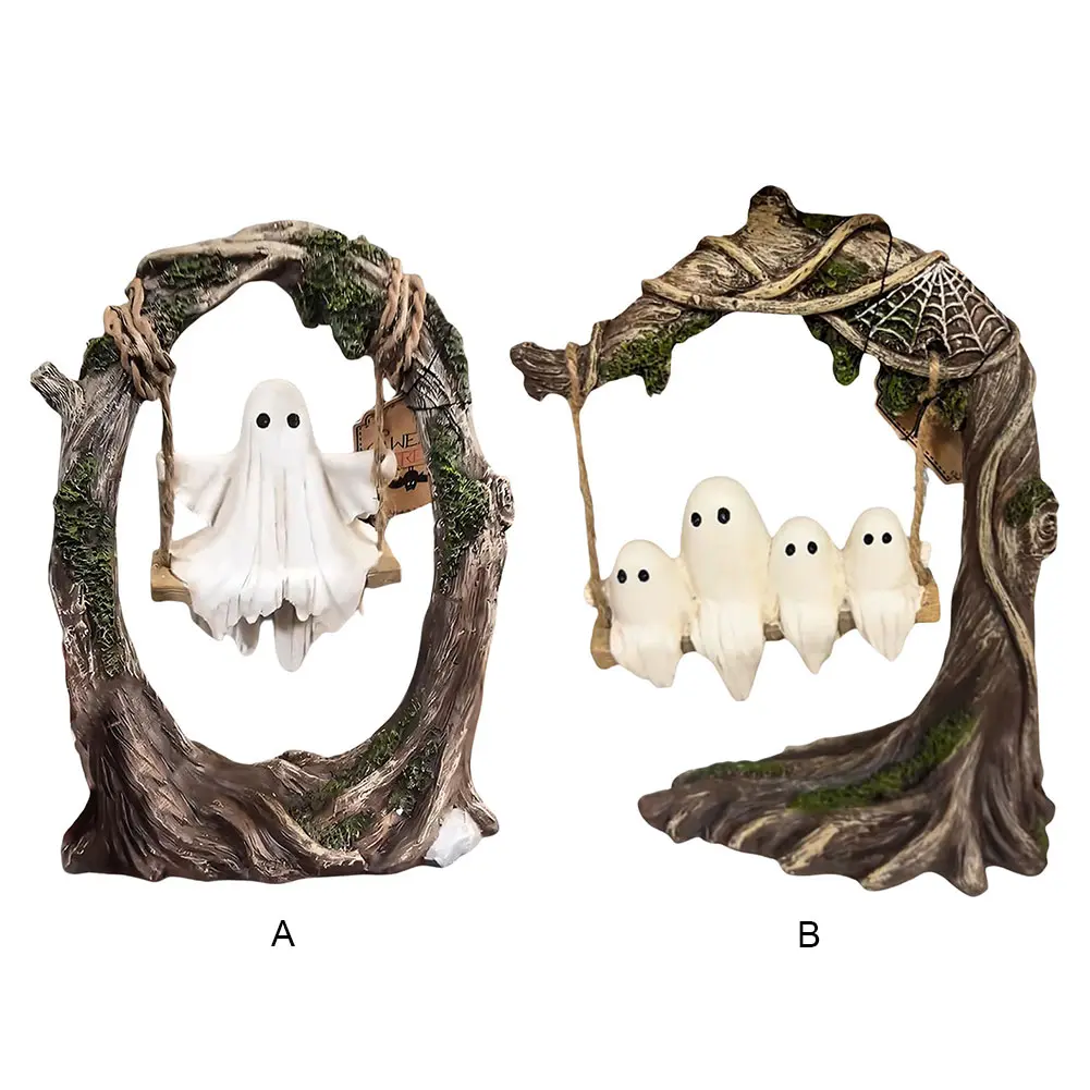 Resin Statue Sculptures White Ghost Sitting on Swing Figurine Cute Decoration for Horror Halloween Decor Holiday Ornaments Gift