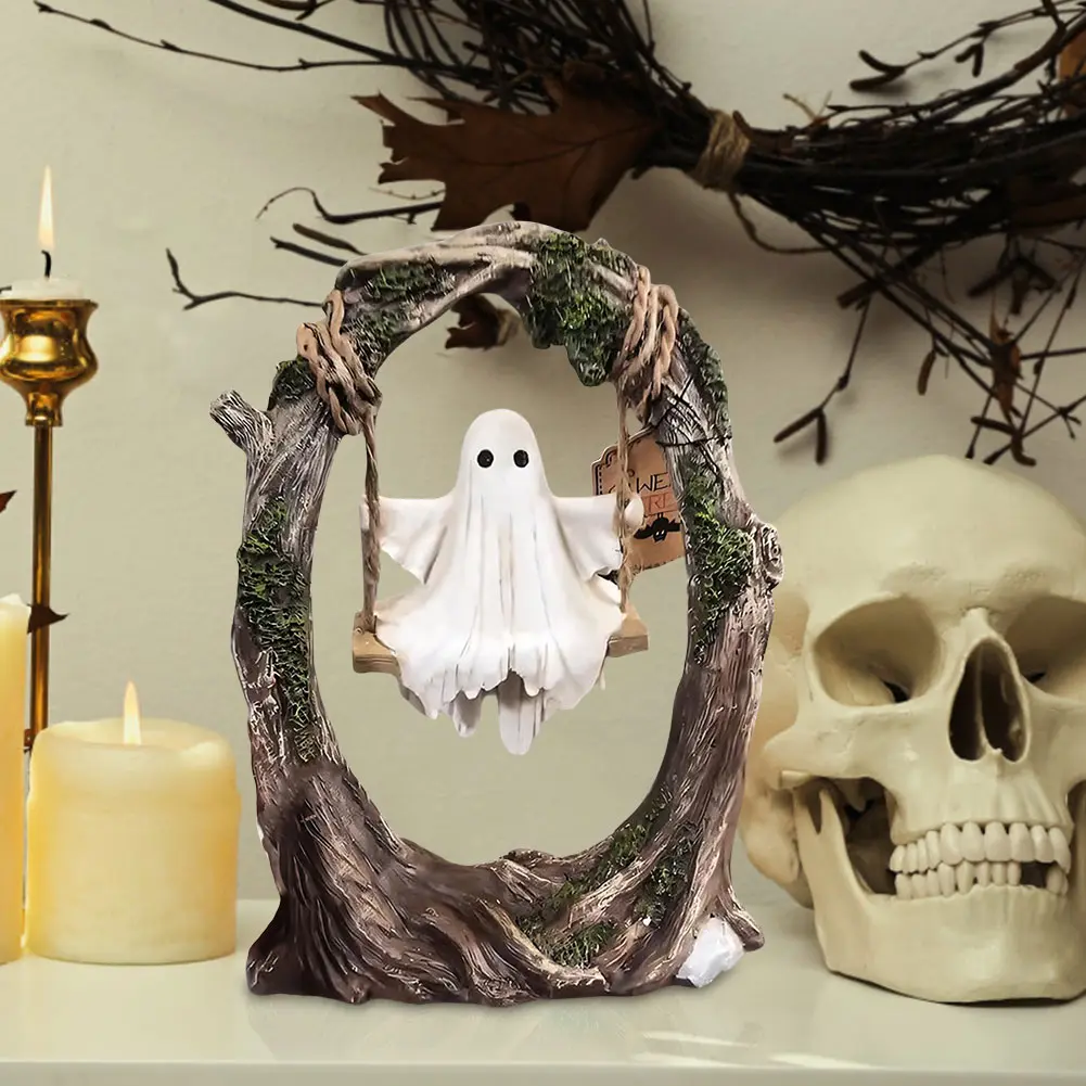 Resin Statue Sculptures White Ghost Sitting on Swing Figurine Cute Decoration for Horror Halloween Decor Holiday Ornaments Gift