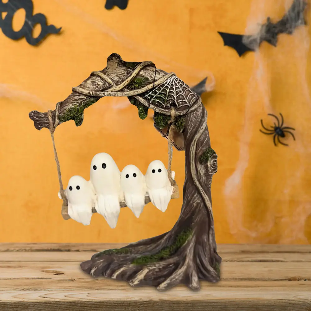 Resin Statue Sculptures White Ghost Sitting on Swing Figurine Cute Decoration for Horror Halloween Decor Holiday Ornaments Gift