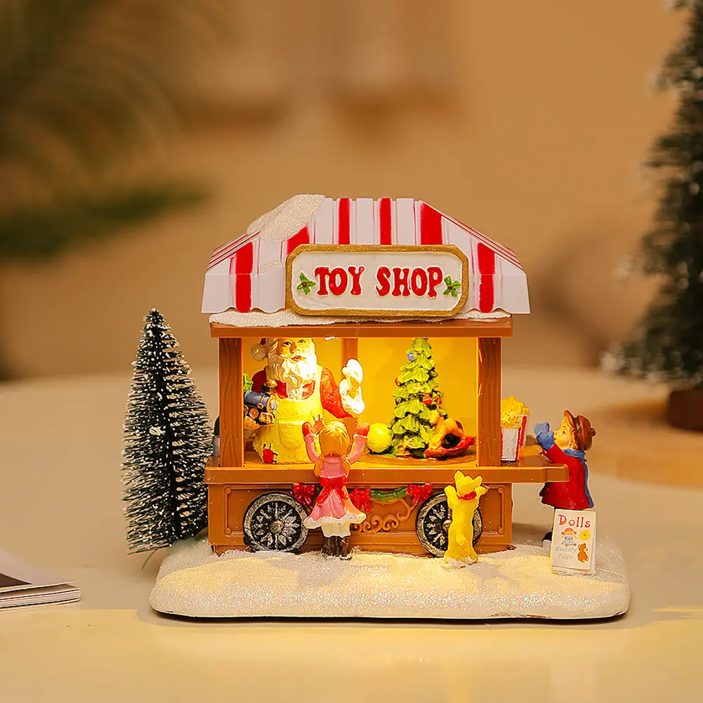 Lighted LED Christmas Ornaments with Xmas Tree Resin Christmas Commissary Figurine for Desktop Ornaments Christmas Gift