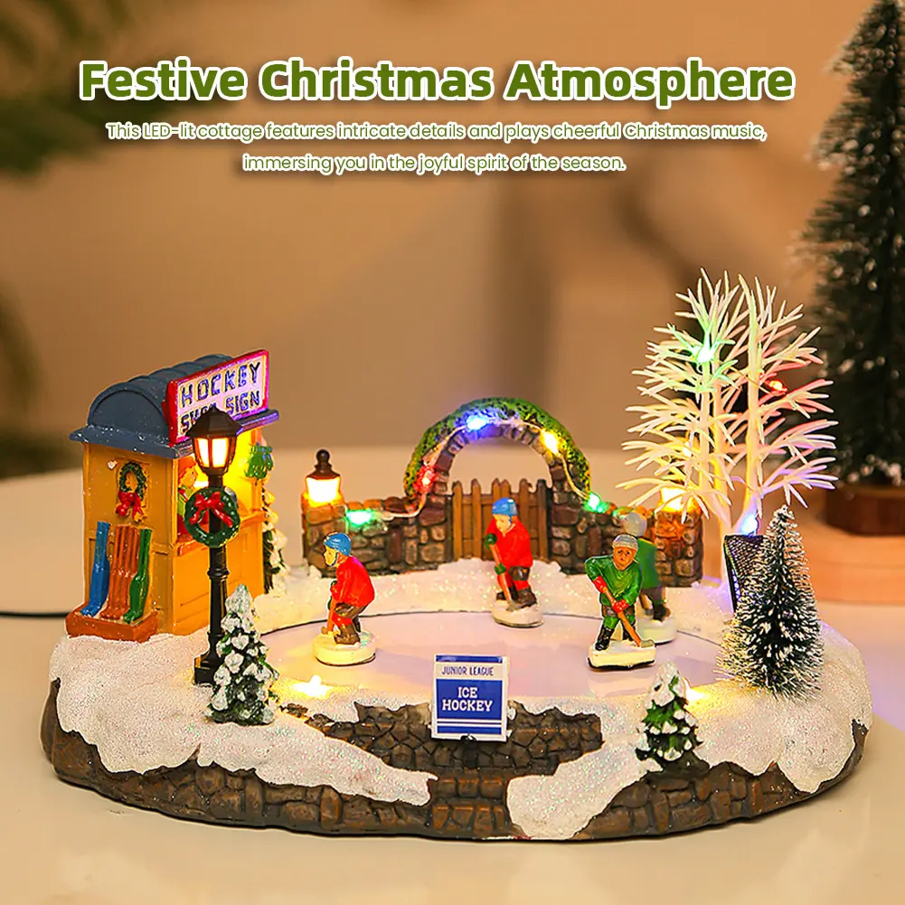 Glowing Christmas Music House Resin Christmas Figurine Xmas Music Box for Desktop Ornaments Christmas Gift