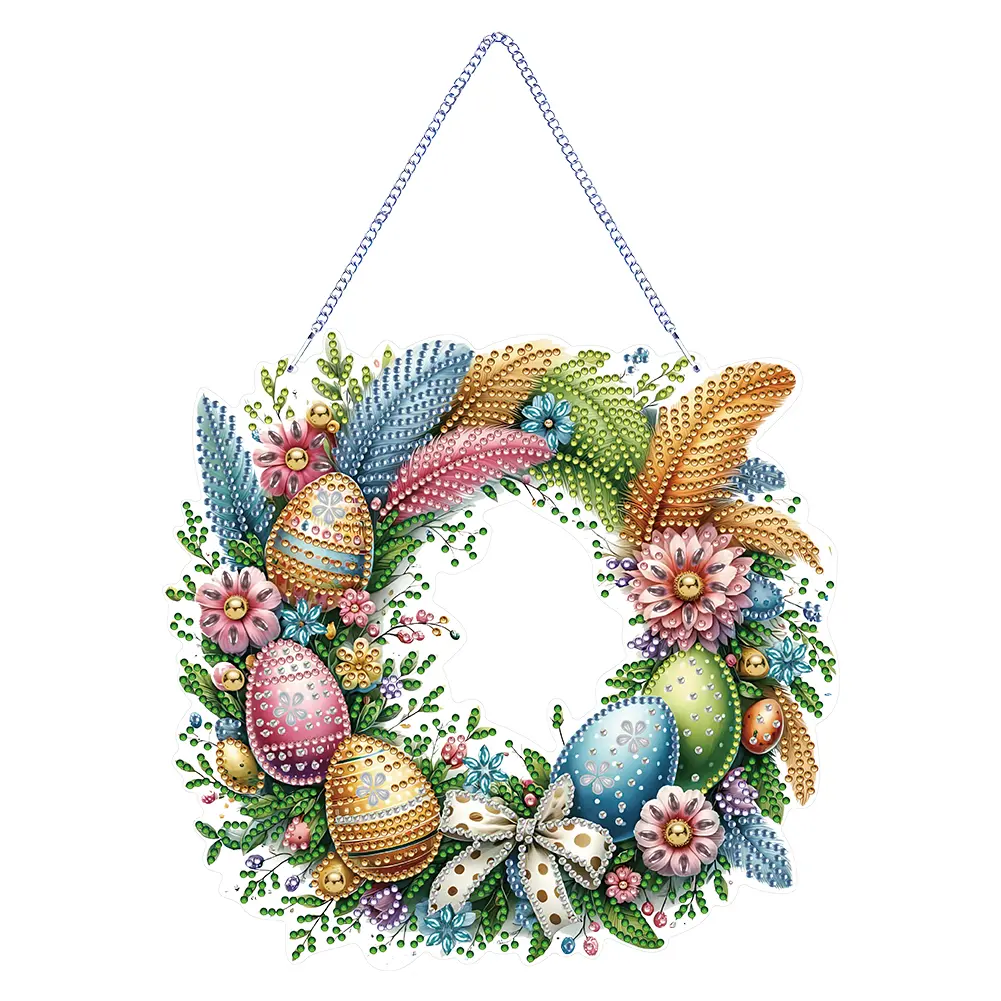Single Sided Diamond Art Hanging Pendant Handmade Easter Wreath 5D DIY Diamond Painting Dots Pendant Bowknot Bird for Home Decor