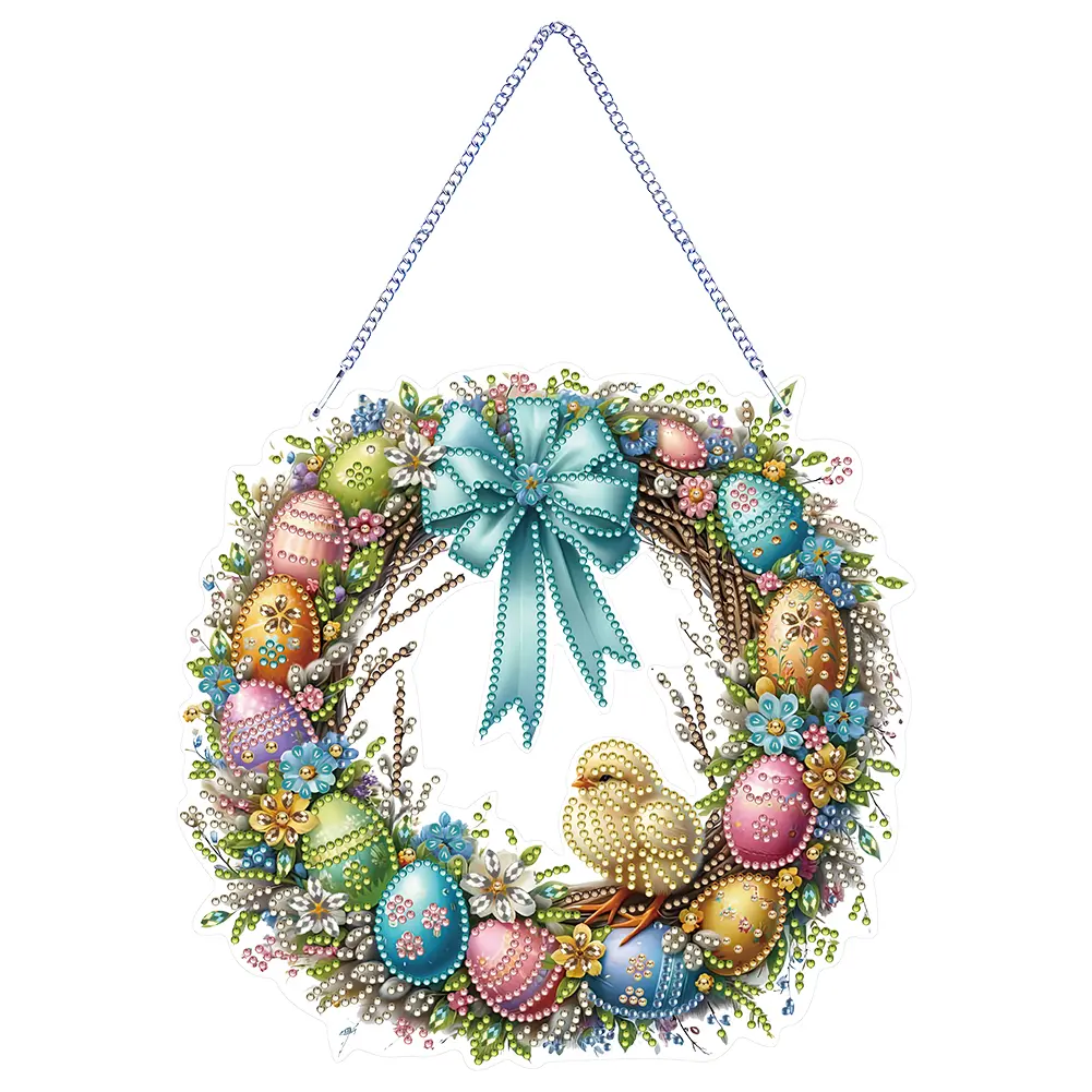 Single Sided Diamond Art Hanging Pendant Handmade Easter Wreath 5D DIY Diamond Painting Dots Pendant Bowknot Bird for Home Decor
