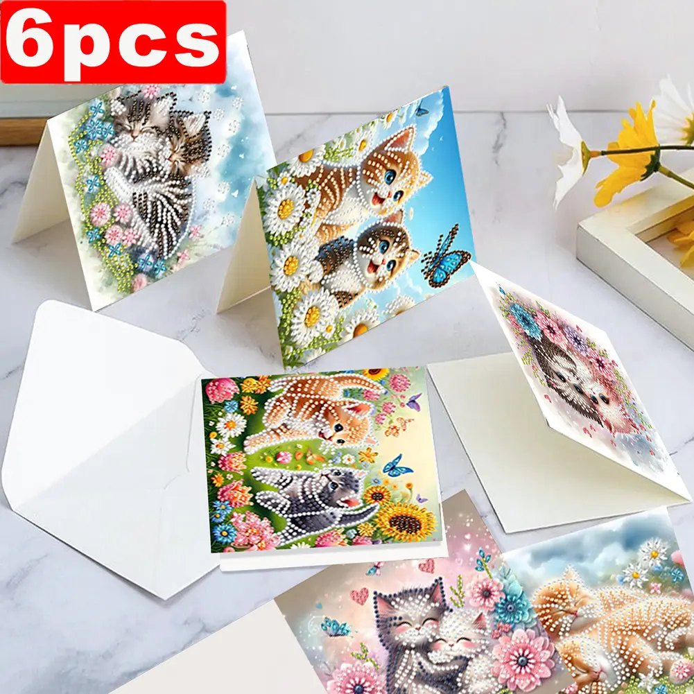 6PCS DIY Diamond Painting Greeting Card Set Animal Pattern Rhinestone Diamond Art Mosaic Postcards Congratulations Cards & Gifts