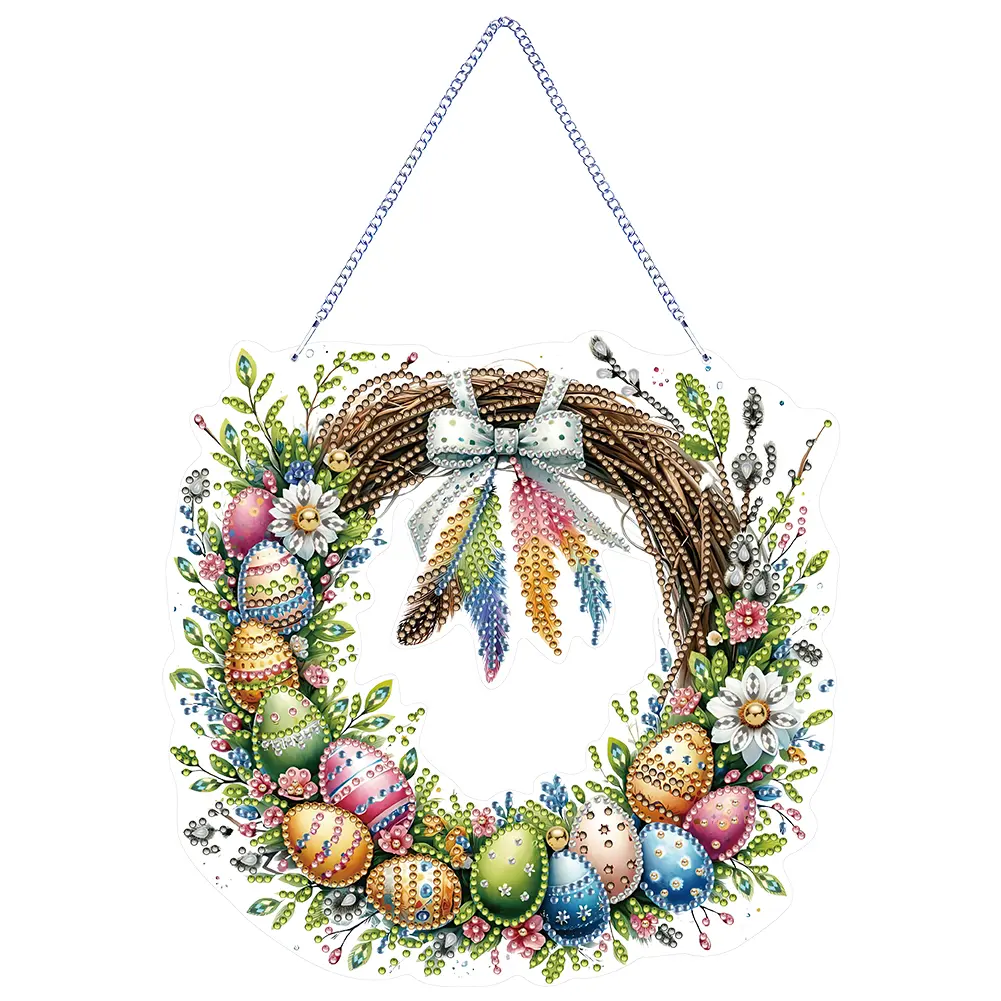 Single Sided Diamond Art Hanging Pendant Handmade Easter Wreath 5D DIY Diamond Painting Dots Pendant Bowknot Bird for Home Decor