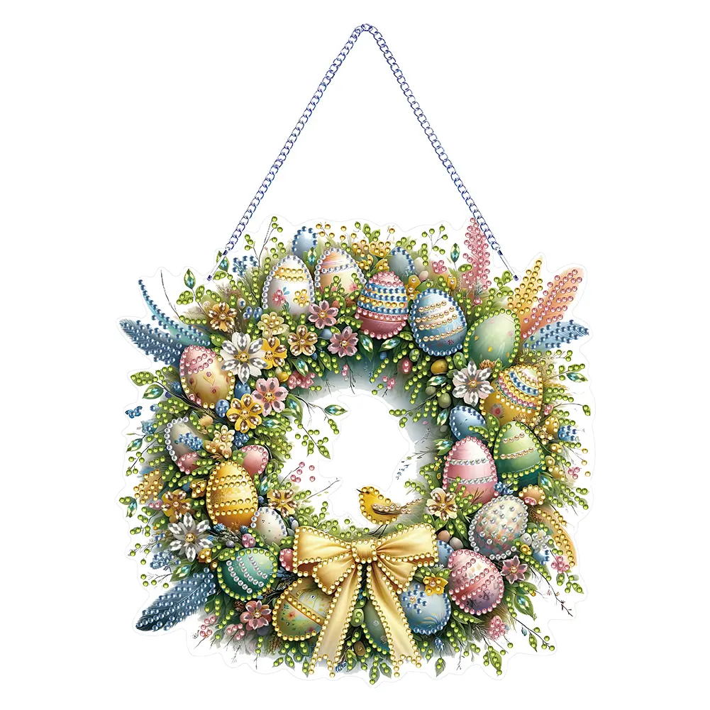 Single Sided Diamond Art Hanging Pendant Handmade Easter Wreath 5D DIY Diamond Painting Dots Pendant Bowknot Bird for Home Decor