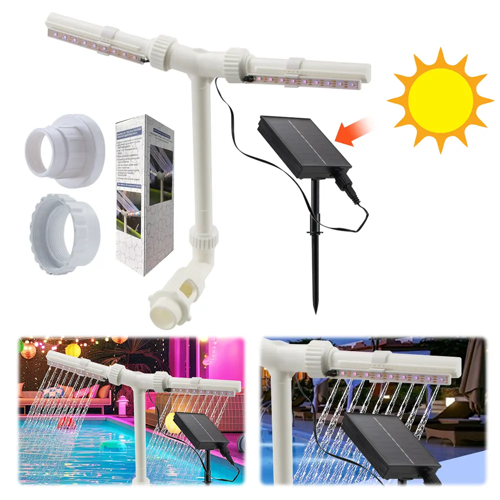 Dual Spray Solar Pool Fountain Auto Light Sensing Pool Sprinkler Fountain with 7-Color Lights Solar for Outdoor Pond