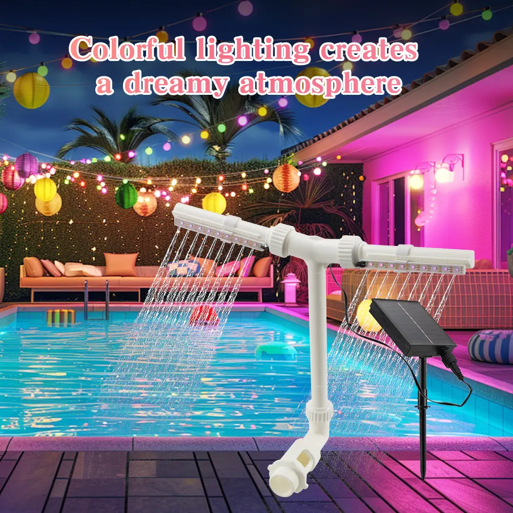 Dual Spray Solar Pool Fountain Auto Light Sensing Pool Sprinkler Fountain with 7-Color Lights Solar for Outdoor Pond