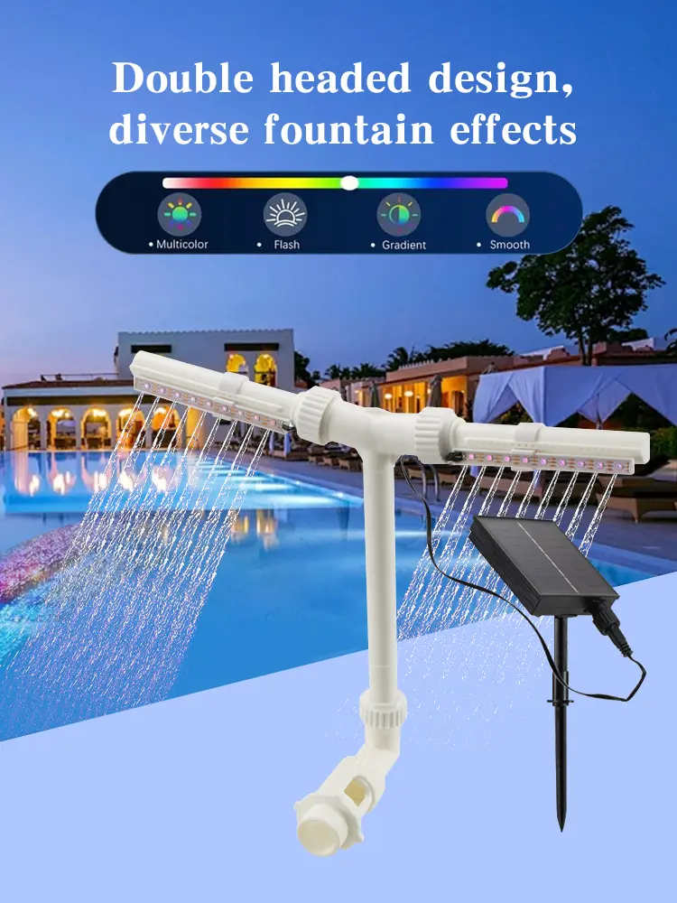 Dual Spray Solar Pool Fountain Auto Light Sensing Pool Sprinkler Fountain with 7-Color Lights Solar for Outdoor Pond