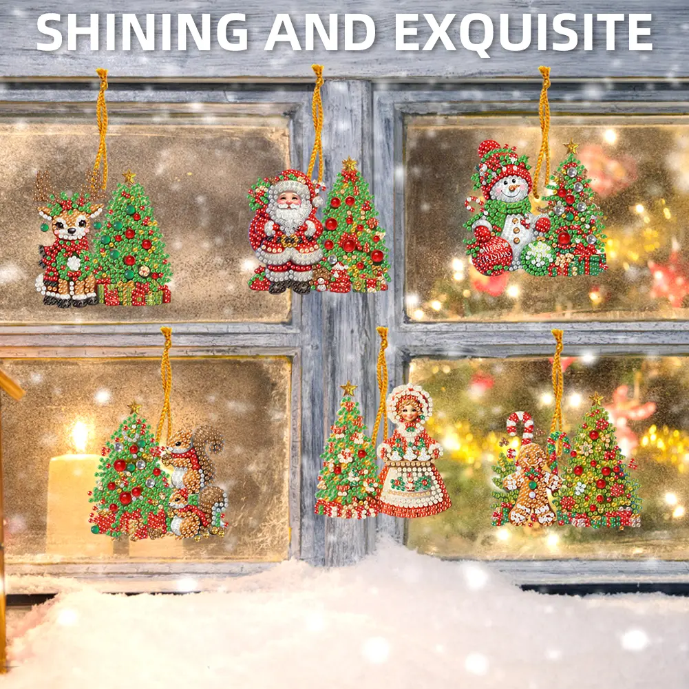 15pcs Xmas Theme 2D Flat DIY Hanging Diamond Art Kits Rhinestone Diamond Art Window Pendants Window Hanging Art for Home Decor