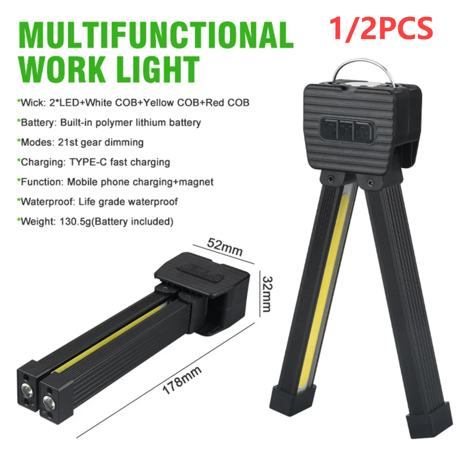 Waterproof Led Flashlight Posing Rechargeable Inspection Lamp With Hook/Magnet 7-grade Dimming 180Degree foldable Gym Lamp Light