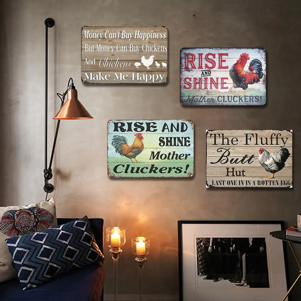 4Pcs Metal Chicken Tin Sign Rectangular Iron Painting Wall Home Decor 30x20cm