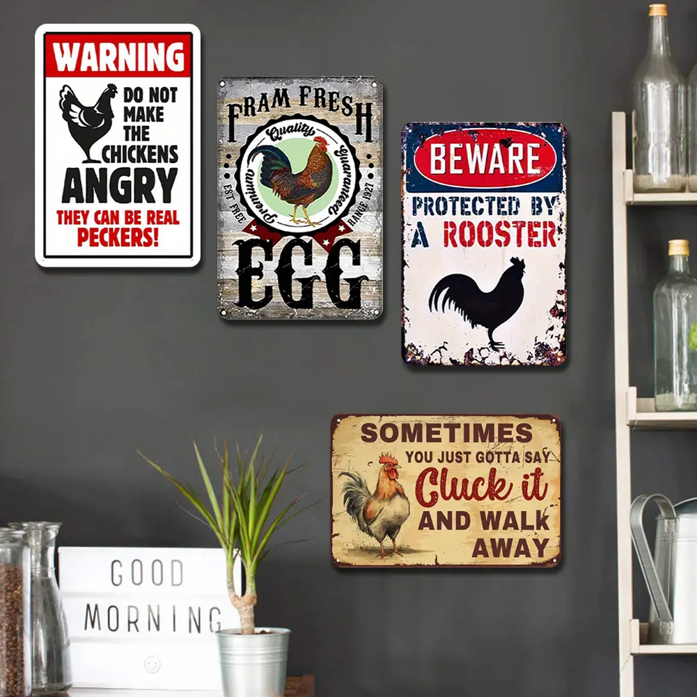 5Pcs Metal Chicken Tin Sign Rectangular Iron Painting Wall Home Decor 20x30cm