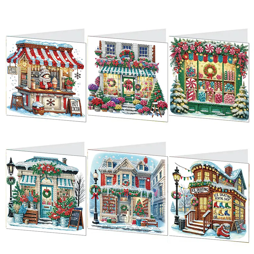 6PCS DIY Diamond Painting Greeting Card Set Xmas Pattern Rhinestone Diamond Art Mosaic Postcards for Festivals and Celebrations