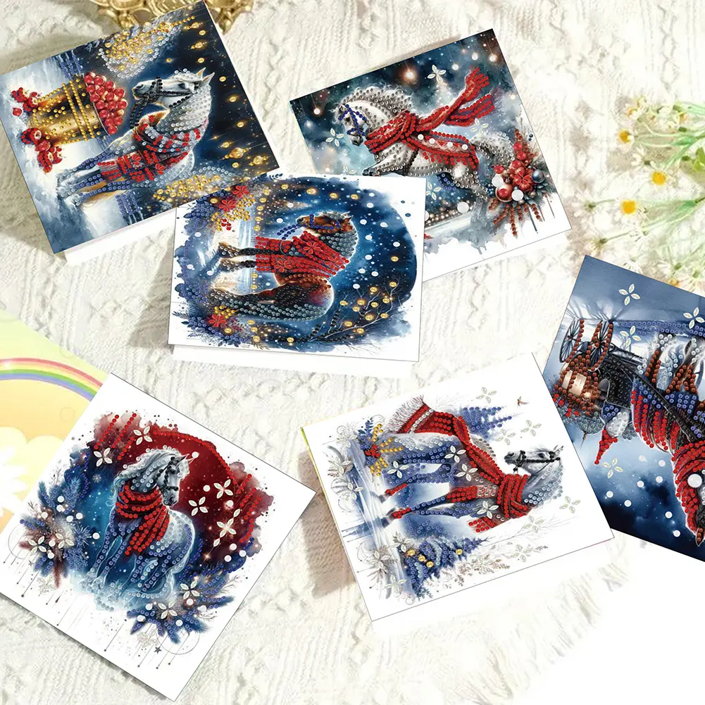 6PCS DIY Diamond Painting Greeting Card Set Xmas Pattern Rhinestone Diamond Art Mosaic Postcards for Festivals and Celebrations