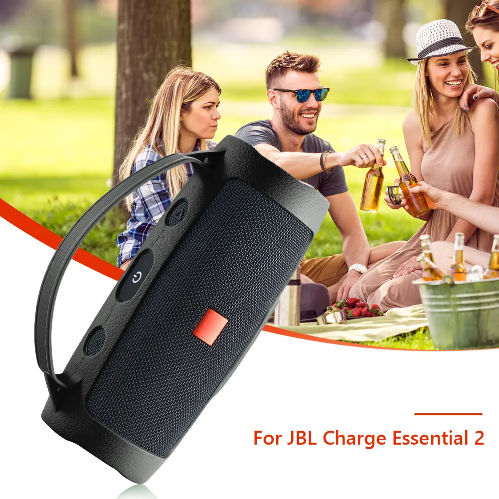 Silicone Protective Case Cover with Strap Carabiner Waterproof Protective Cover Portable Anti-Scratch for JBL Charge Essential 2