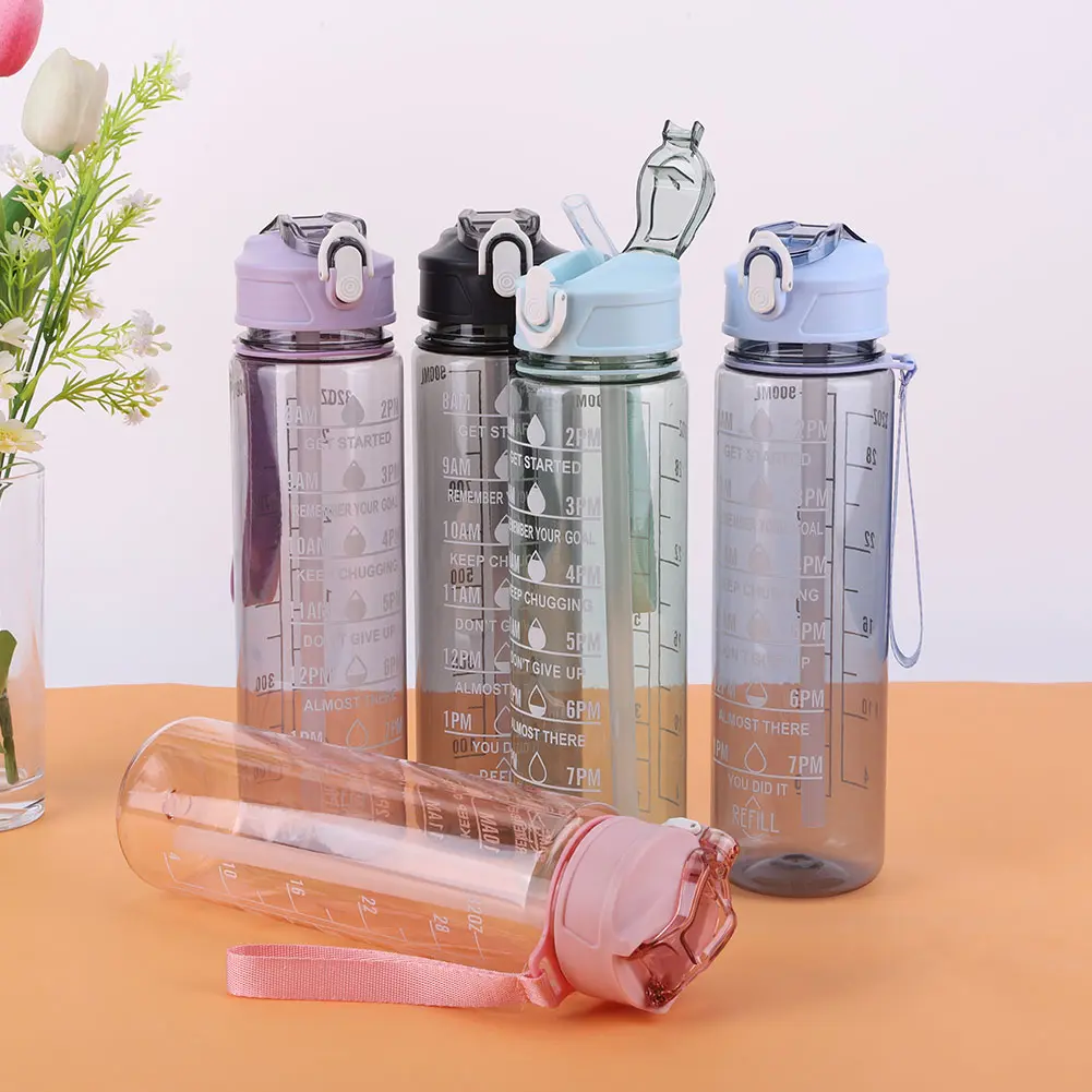 800ml Portable Drinking Cup with Straw & Handle Outdoor Travel Bottle Leakproof Motivational Drinking Bottle for Outdoor Sports