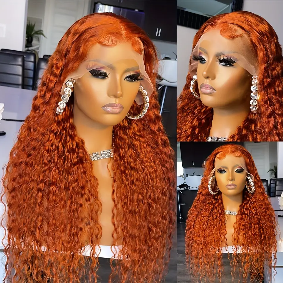 Orange Ginger Water Wave #350 Colored 13x6 13x4 HD Transparent Lace Front Wig Human Hair For Women Curly Wigs Pre Plucked 100%