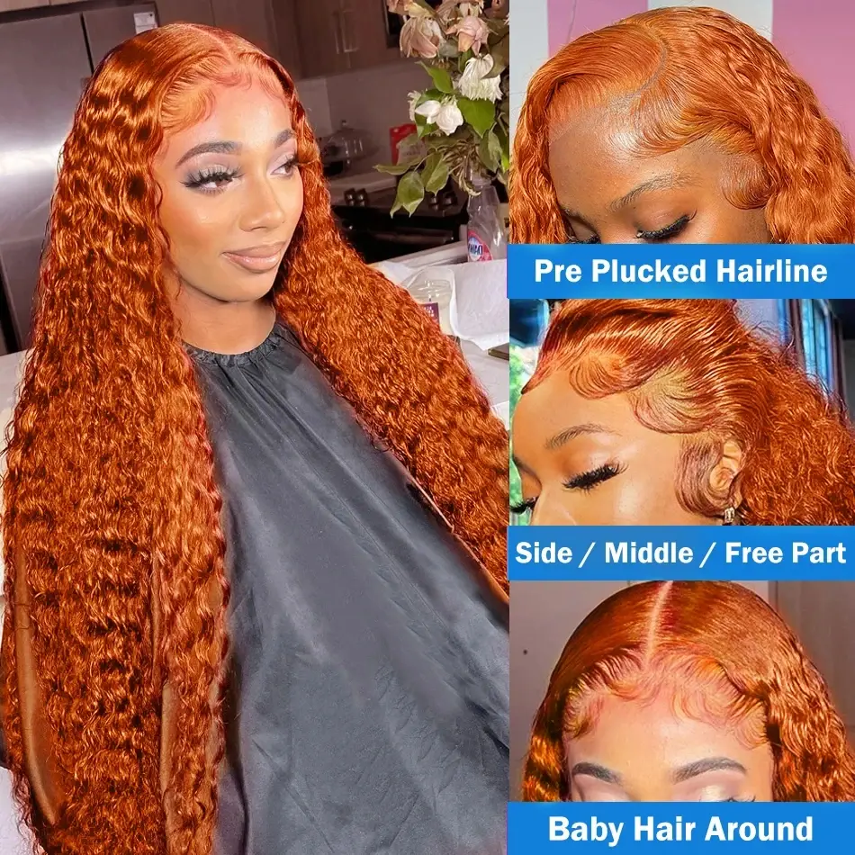 Orange Ginger Water Wave #350 Colored 13x6 13x4 HD Transparent Lace Front Wig Human Hair For Women Curly Wigs Pre Plucked 100%