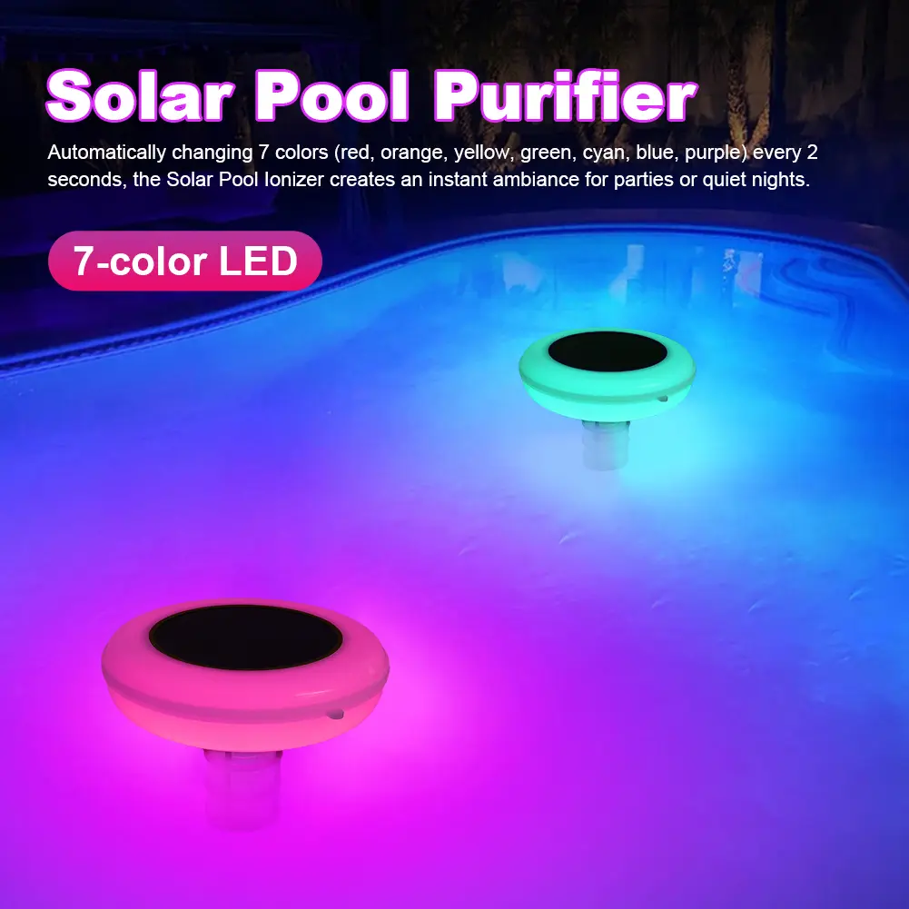 Solar Copper Pool Ionizer W/ Auto Switching 7-Colored LED Night Light Pool Cleaning Purifier for Fresh & Salt Water Pools & Spas