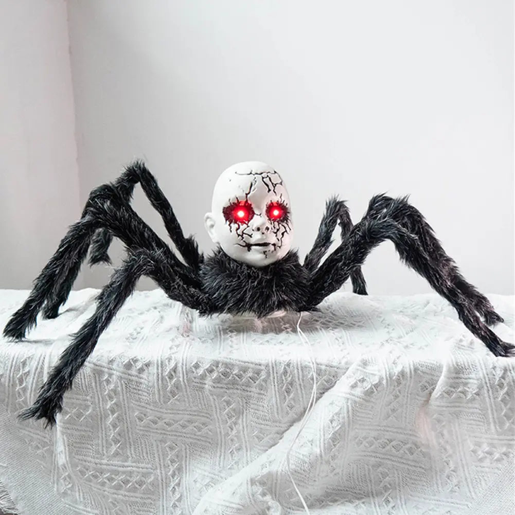 Halloween Doll Face Spider Ornament Sound Activated Scary Walking Spider for Indoor Outdoor Yard Haunted House Party Porch