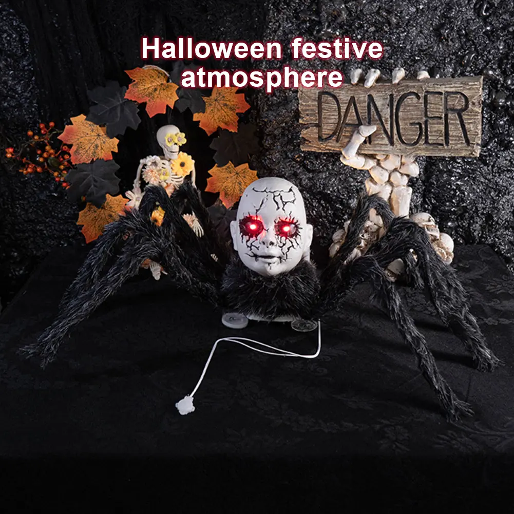 Halloween Doll Face Spider Ornament Sound Activated Scary Walking Spider for Indoor Outdoor Yard Haunted House Party Porch