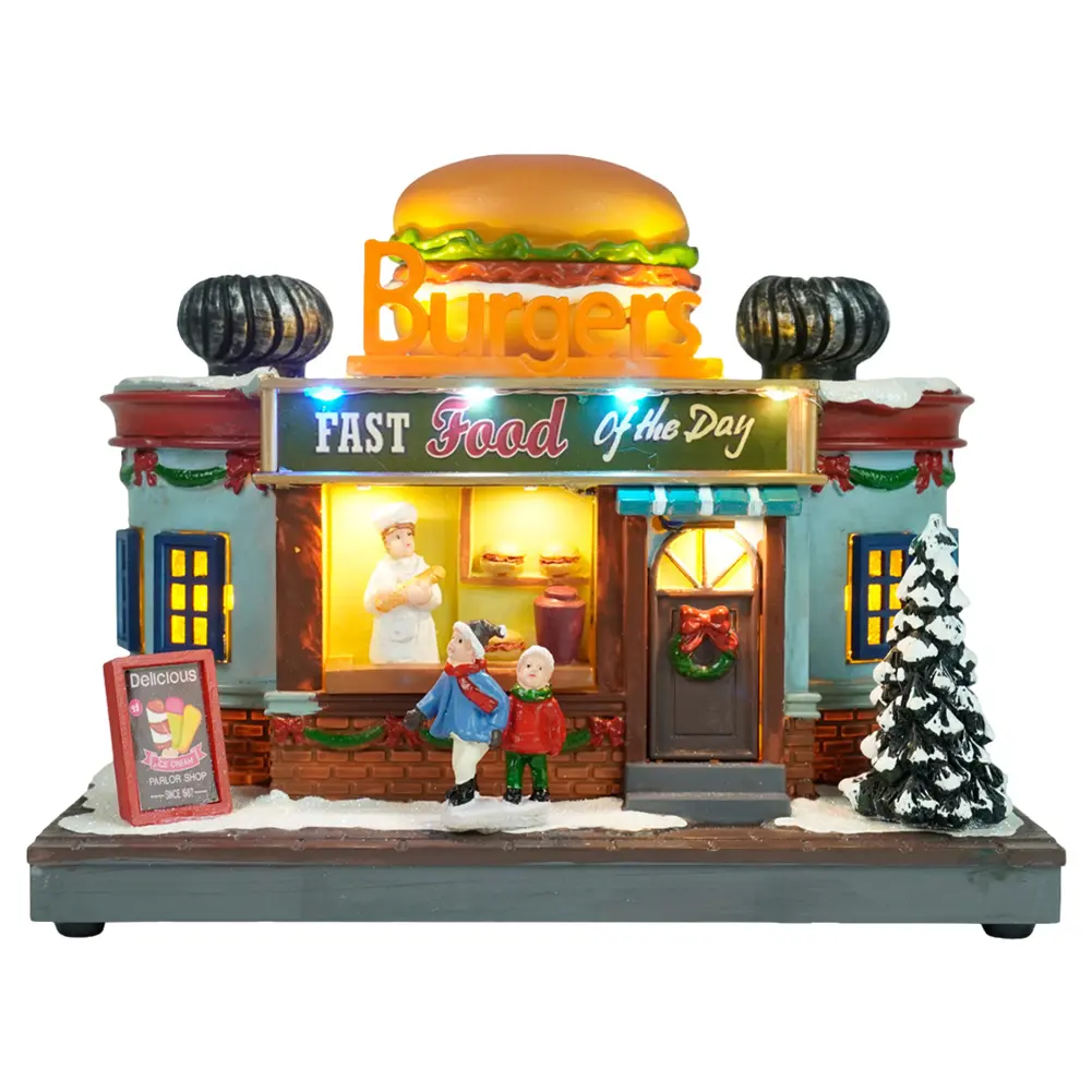 Burger Shop Christmas Ornament LED Lighted Christmas Village Figurine Christmas House Decoration Christmas Gift Home Decoration