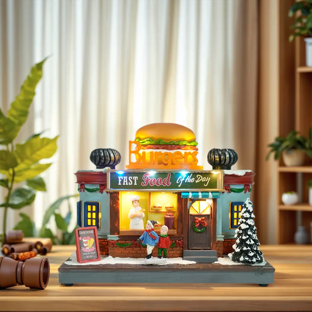 Burger Shop Christmas Ornament LED Lighted Christmas Village Figurine Christmas House Decoration Christmas Gift Home Decoration
