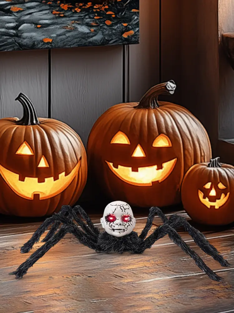 Halloween Doll Face Spider Ornament Sound Activated Scary Walking Spider for Indoor Outdoor Yard Haunted House Party Porch
