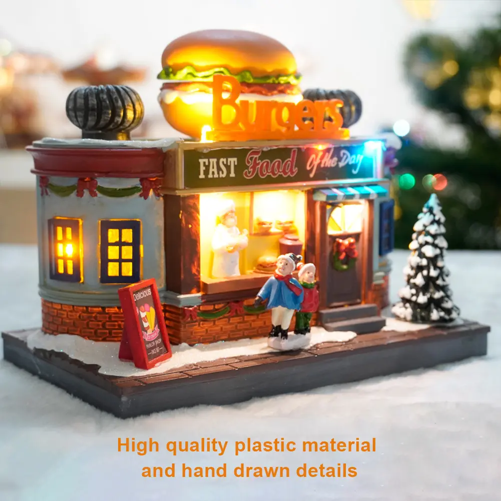 Burger Shop Christmas Ornament LED Lighted Christmas Village Figurine Christmas House Decoration Christmas Gift Home Decoration