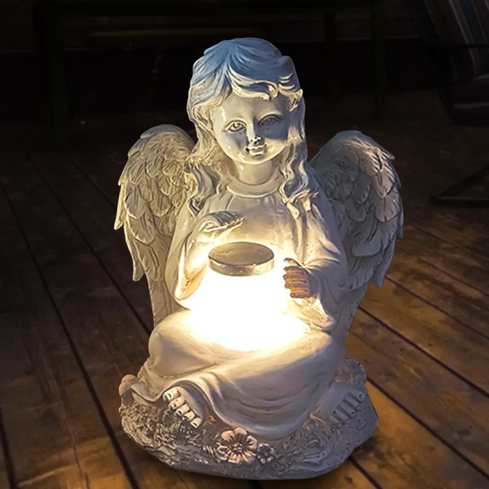 Resin Angel Wings Statue Garden Ornament Solar Lamp Decorative Angel Sculptures Handicrafts Christmas Gifts for Outdoor Yard