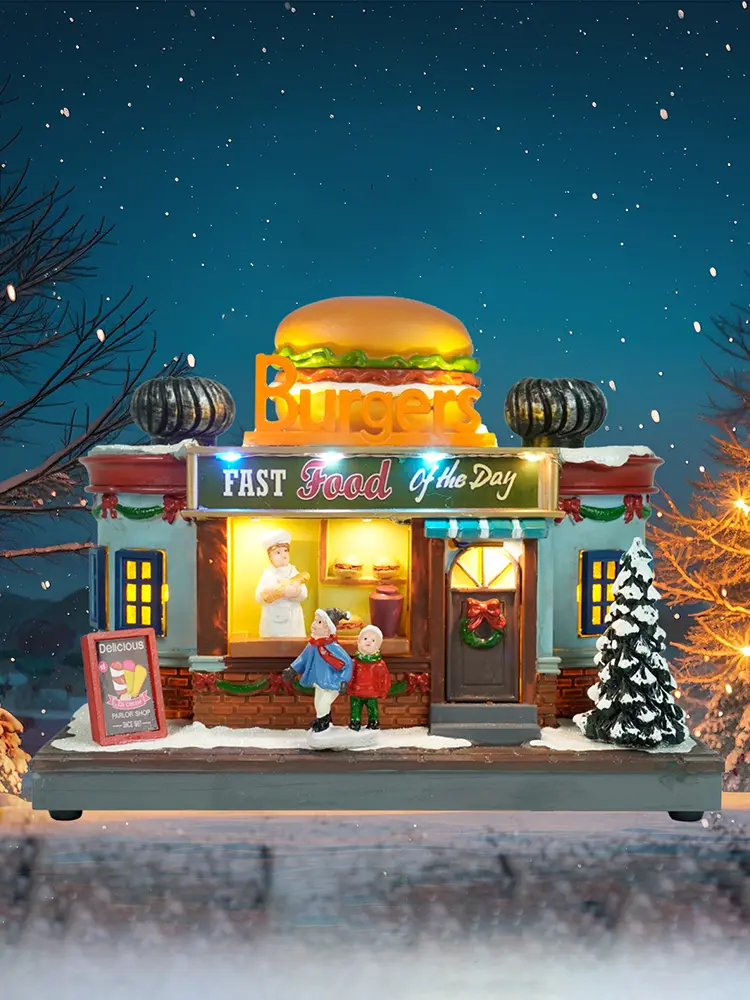 Burger Shop Christmas Ornament LED Lighted Christmas Village Figurine Christmas House Decoration Christmas Gift Home Decoration
