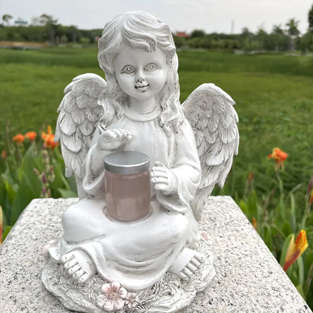 Resin Angel Wings Statue Garden Ornament Solar Lamp Decorative Angel Sculptures Handicrafts Christmas Gifts for Outdoor Yard