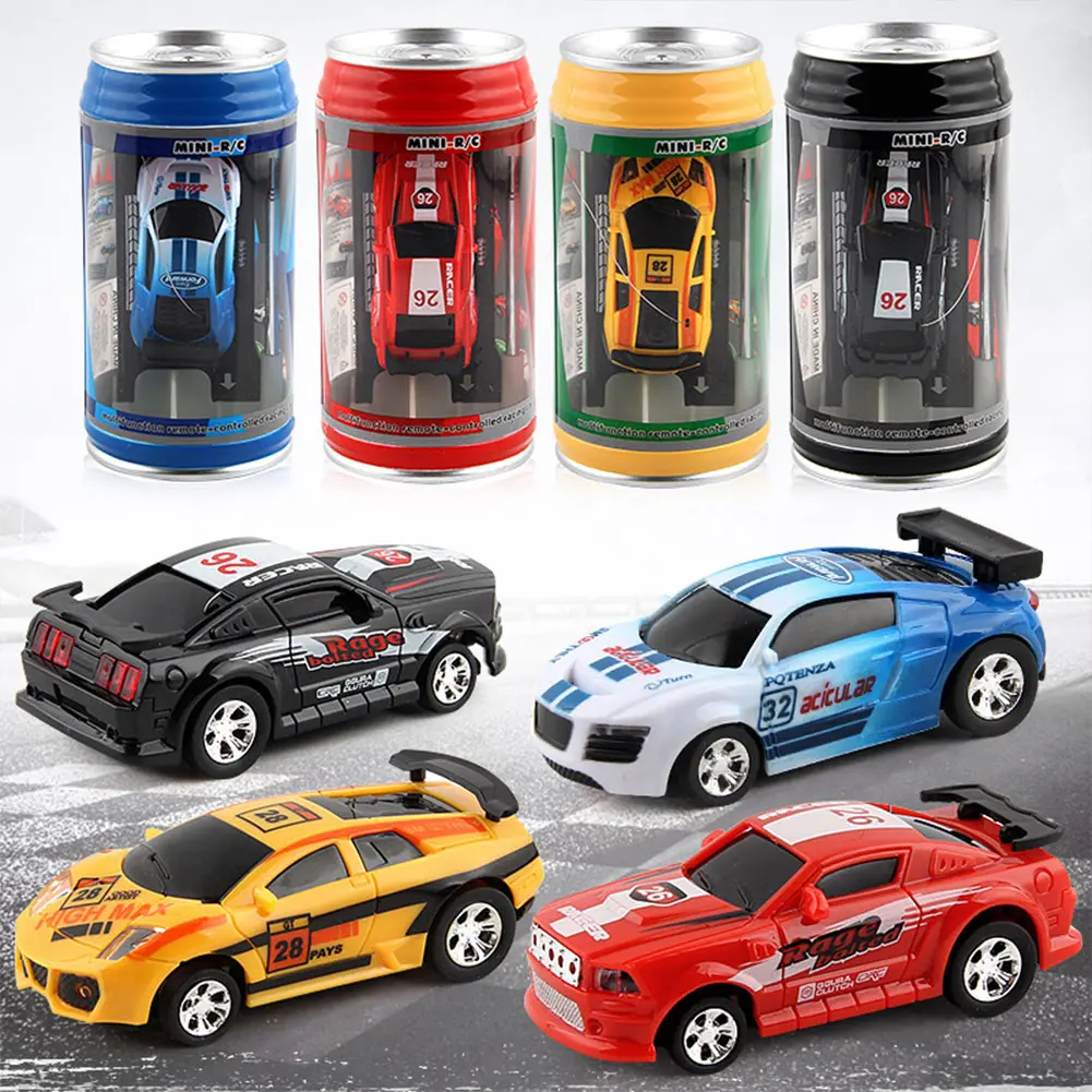 Coke Can Mini Cans RC Car Battery Operated Plastic RC Car LED Lights Remote Control Racing Vehicle with Roadblocks for Kids Boys