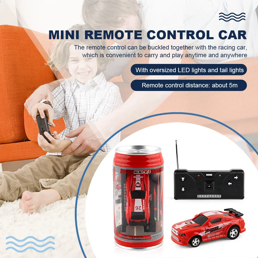 Coke Can Mini Cans RC Car Battery Operated Plastic RC Car LED Lights Remote Control Racing Vehicle with Roadblocks for Kids Boys